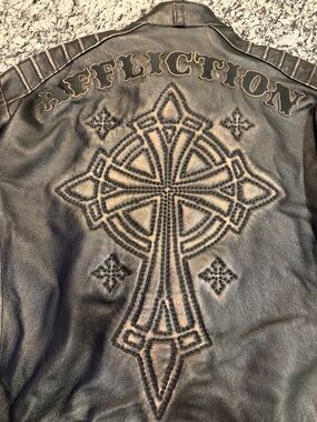 Affliction Black Leather Jacket with Embroidered Cross Back Detail NWOT Size XL